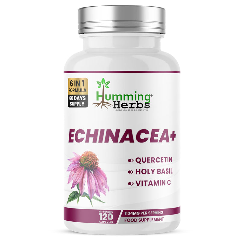 Humming Herbs Echinacea Supplement 6 in 1 | with Holy Basil Quercetin Vitamin C Zinc and Vitamin D3 | 1220 mg per Serving | 120 Vegan Capsules | 60 Day Supply