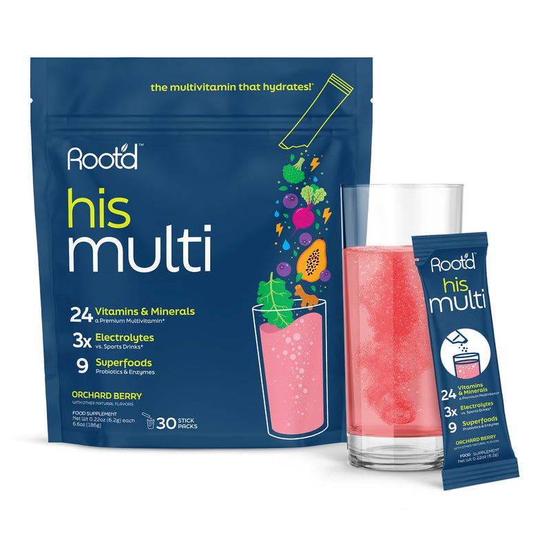 Root'd Men Multivitamin Powder with 3X Electrolytes - 24 Vitamins & Minerals, 3X Electrolytes, 9 Organic Superfoods, Probiotics & Enzymes, Sugar-Free Multivitamin & Hydration | 30 Sachets His