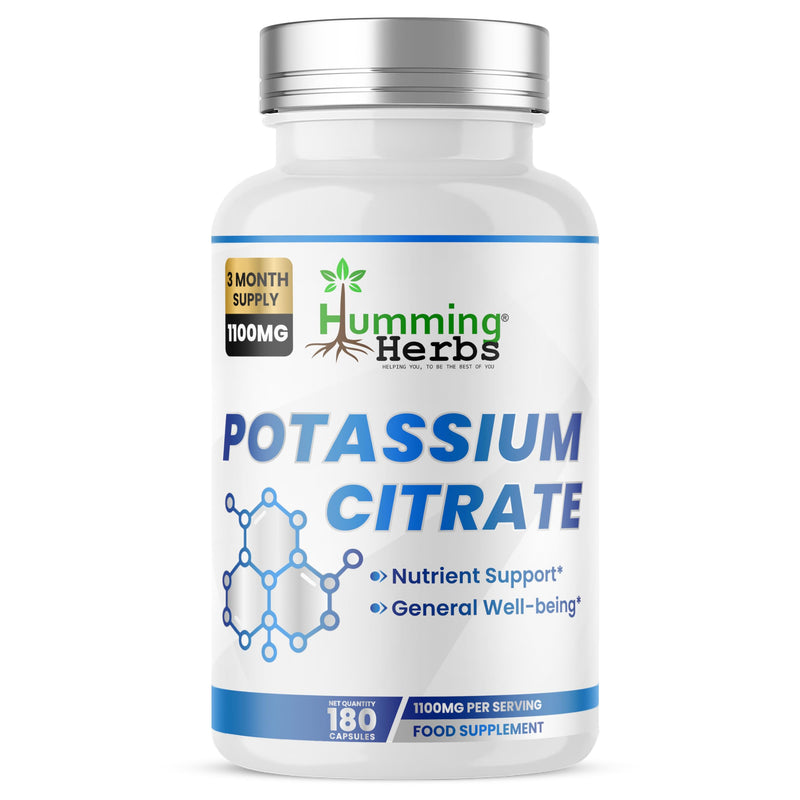 Humming Herbs Potassium Citrate Supplement | 1100 mg per Serving Delivering 398 mg Potassium | 180 Vegan Capsules | 90 Day Supply