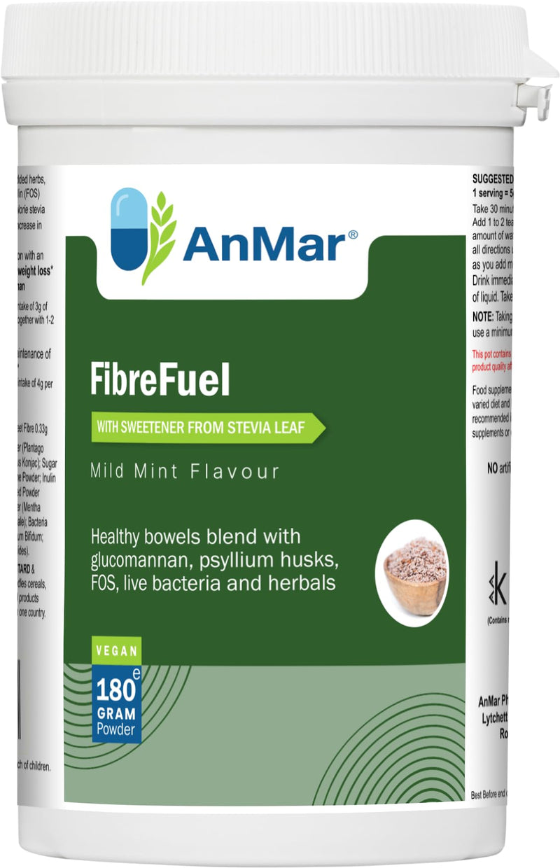 AnMar® FibreFuel | High Fibre Digestive Blend with Glucomannan, Psyllium Husk, FOS, Probiotics & L-Glutamine | Mild Mint | Vegan | 180g Powder