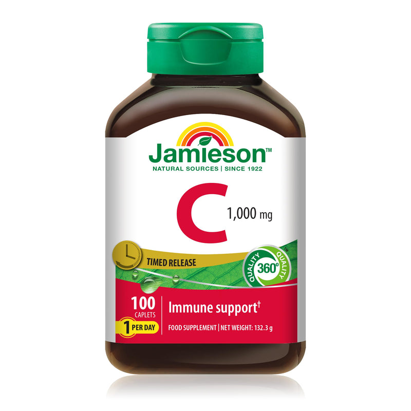 Jamieson Vitamin C 1000 mg Timed Release, Sustained Release, Vitamin C Supplement, Supports Immune Health, Collagen Formation for Healthy Skin, Teeth and Bones. 100 Caplets, 1-A-Day