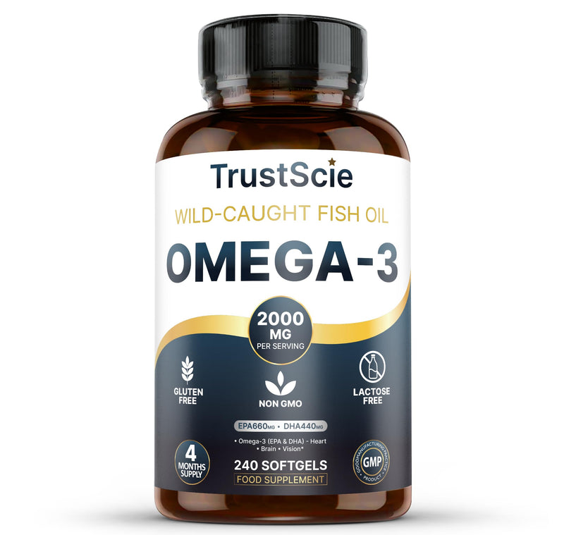 Omega 3 Fish Oil 2000mg – High Strength with 660mg EPA & 440mg DHA – 240 Softgel Capsules (4 Month Supply) – Omega 3 Fatty Acids Supplement – Gluten-Free & Lactose-Free