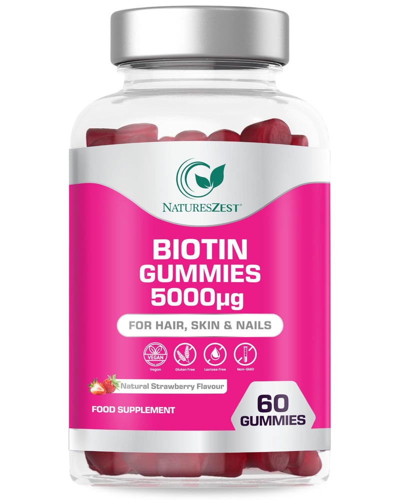 Biotin Gummies 5000µg - 60 Strawberry Gummies - High Strength Biotin Supplements (Vitamin B7) | Hair, Skin & Nails Support for Women & Men | Vegan, Non GMO, UK Made - By NATURES ZEST
