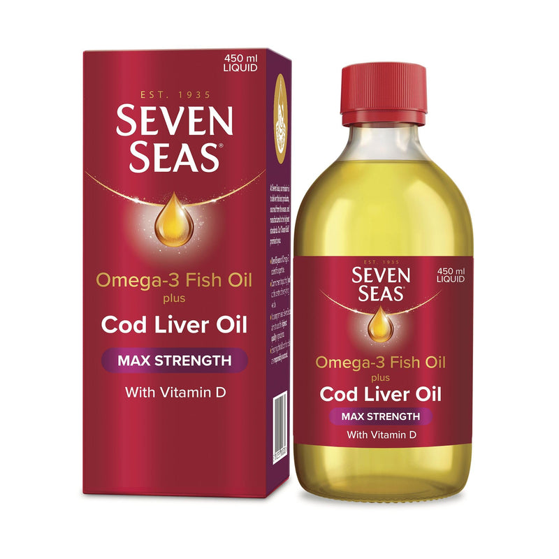 Seven Seas Omega-3 Fish Oil Plus Cod Liver Oil MAX Strength, with Omega-3, Vitamins D and Vitamin E. Food Supplement for Brain2 & Body1-4 Support, 450ml Liquid