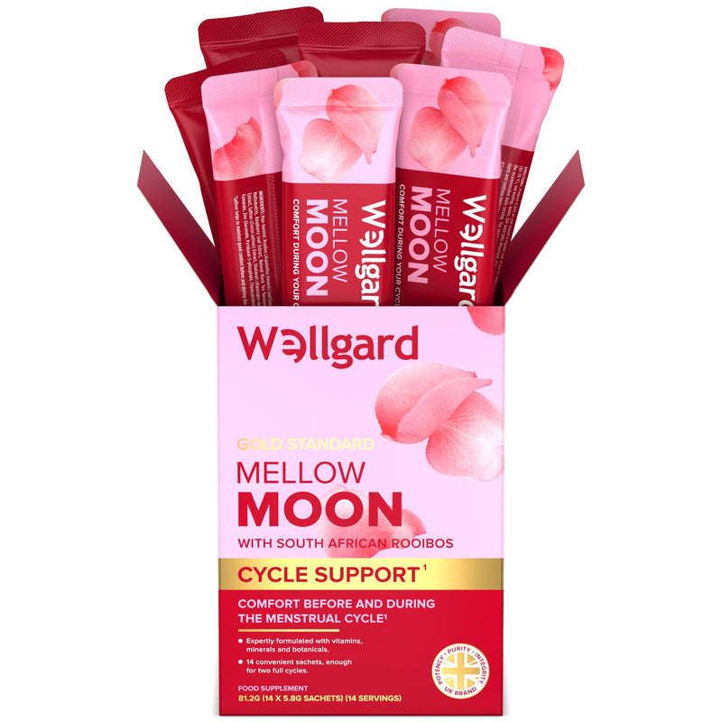 Wellgard Mellow Moon - Menstrual & Period Comfort with Saffron, Shatavari, Rosa Centifolia, Magnesium, Iron, B-Vitamins, Zinc & Chromium, 14 Sachets for 2-3 Cycles