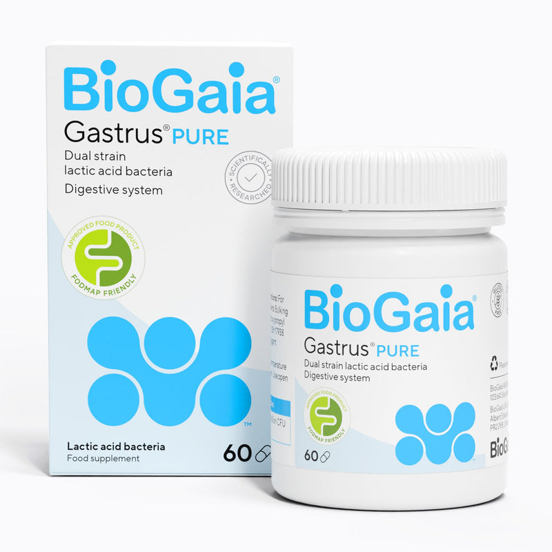 BioGaia Gastrus Pure Probiotics for Gut Health | Dual Strain Patented L. reuteri | Certified FODMAP Friendly for Sensitive Stomachs | No Artificial Sweenters | 60 Capsules