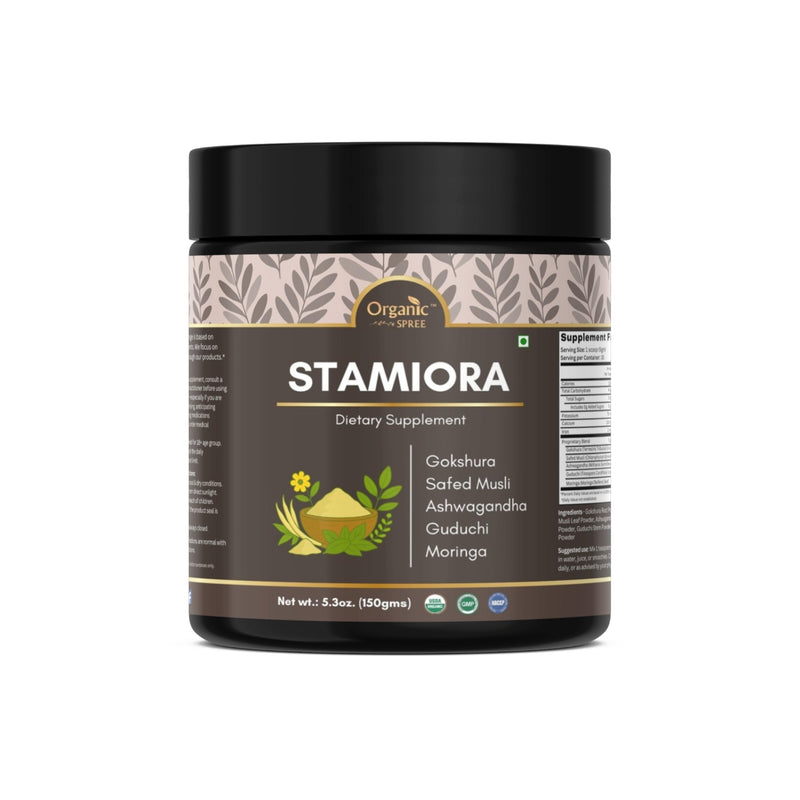 Organic Spree Stamiora Powder – 150 g (5.3 oz) | USDA Organic Certified | Ayurvedic Herbal Blend of Gokshura, Safed Musli, Ashwagandha, Guduchi & Moringa