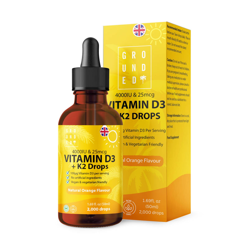Grounded Vitamin D3 + K2 Liquid Drops 50ml | High Strength 4,000iu D3 with 25mcg K2 Formula | Natural Orange Flavour with 2000 Drops per Bottle | for Bones, Muscle & Immune Function | UK Made