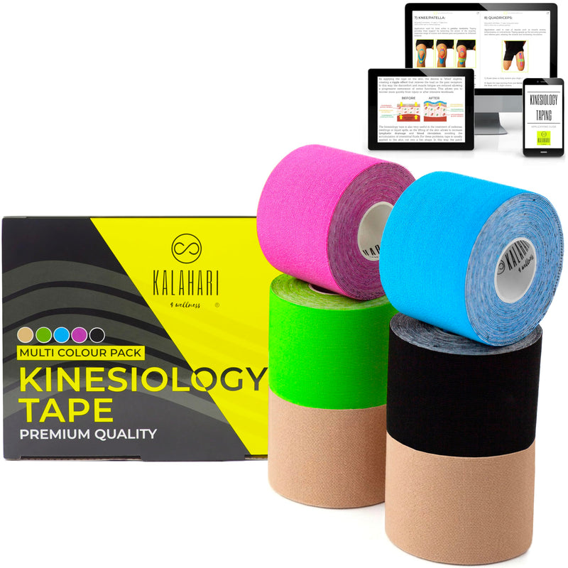 Kalahari 6 Rolls Kinesiology Tape + eBook Applications, Physio Kt Tape with high Adhesion and Water & Sweat Resistant, Kinesio Taping for Sports Injury, Support, Muscle Rehabilitation, 5 m x 5