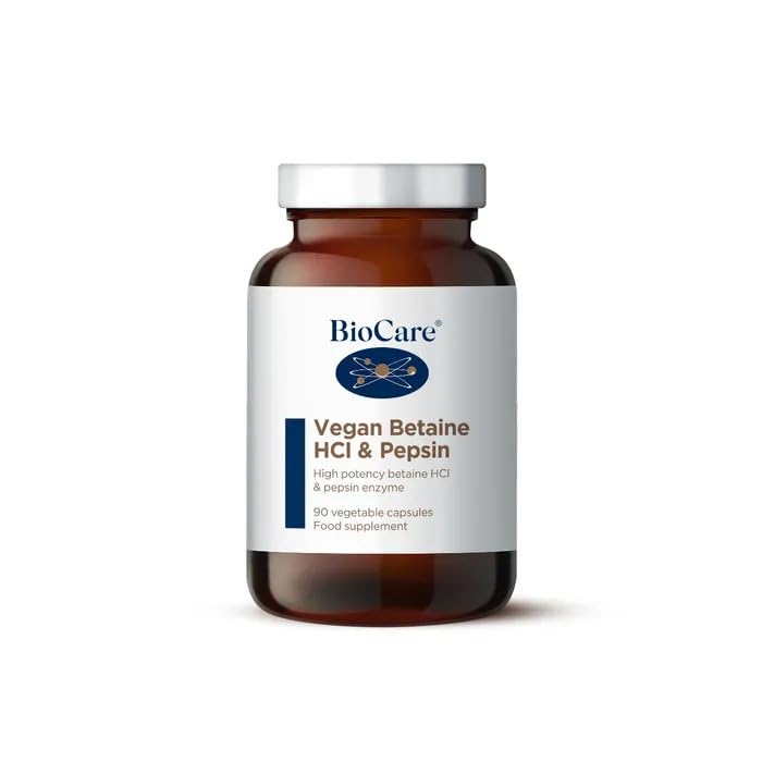 BioCare Vegan Betaine HCl & Pepsin - High Potency Betaine and Vegan Enzyme Formula - 90 Capsules
