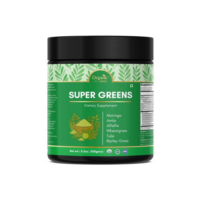 Organic Spree Super Greens Powder – 150 gm (5.3oz) | USDA Organic Certified | Superfood Mix with Moringa, Wheatgrass, Tulsi, Amla, Alfalfa & Barley Grass (1) 1