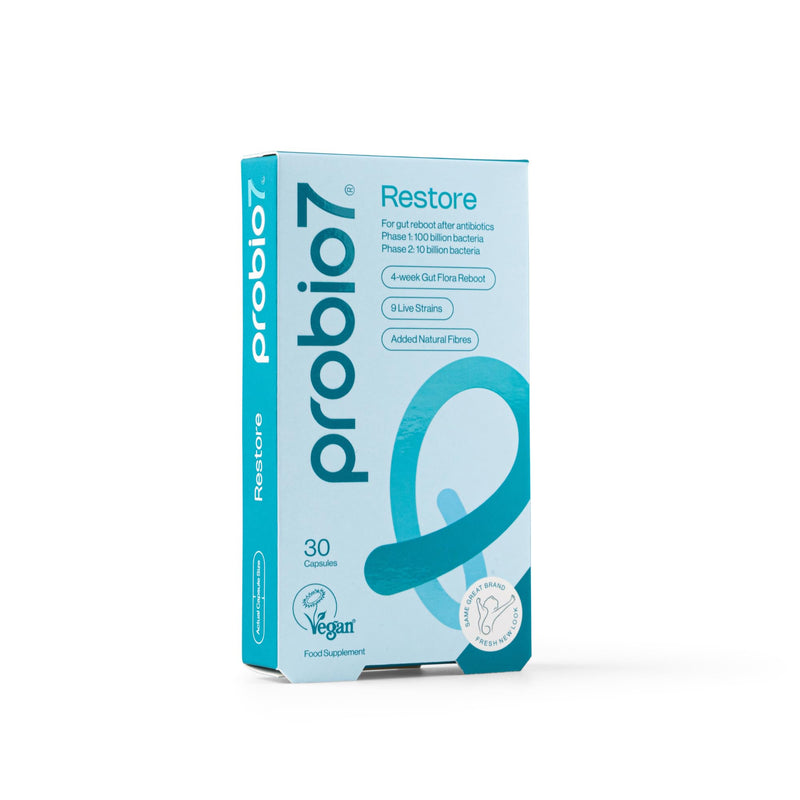 Probio7 Restore - 4 Week Gut Support for Antibiotic Recovery | 9 Live Strains | Probiotics for Antibiotics, Digestive Balance & Immune Support | Gut Repair for Men & Women | 30 Vegan Capsules 30 Capsules (4 Week Course)