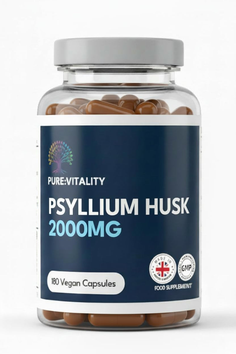 Pure Vitality | Fibre Supplement 2000mg Psyllium Husk | 180 Vegan Capsules - High Strength - Natural Soluble Fiber Supplement from Plantago Ovata Seeds | Made in the UK