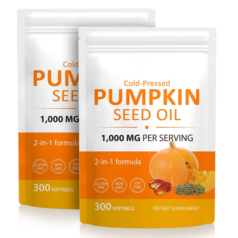 Pumpkin Seed Oil Capsules - 1000mg per Softgels, Cold Pressed & Efficient Absorption, Essential Fatty Acids & Phytosterols & Supports Hair Growth, Urinary, 300 Softgels 2bag. 300 count (Pack of 2)