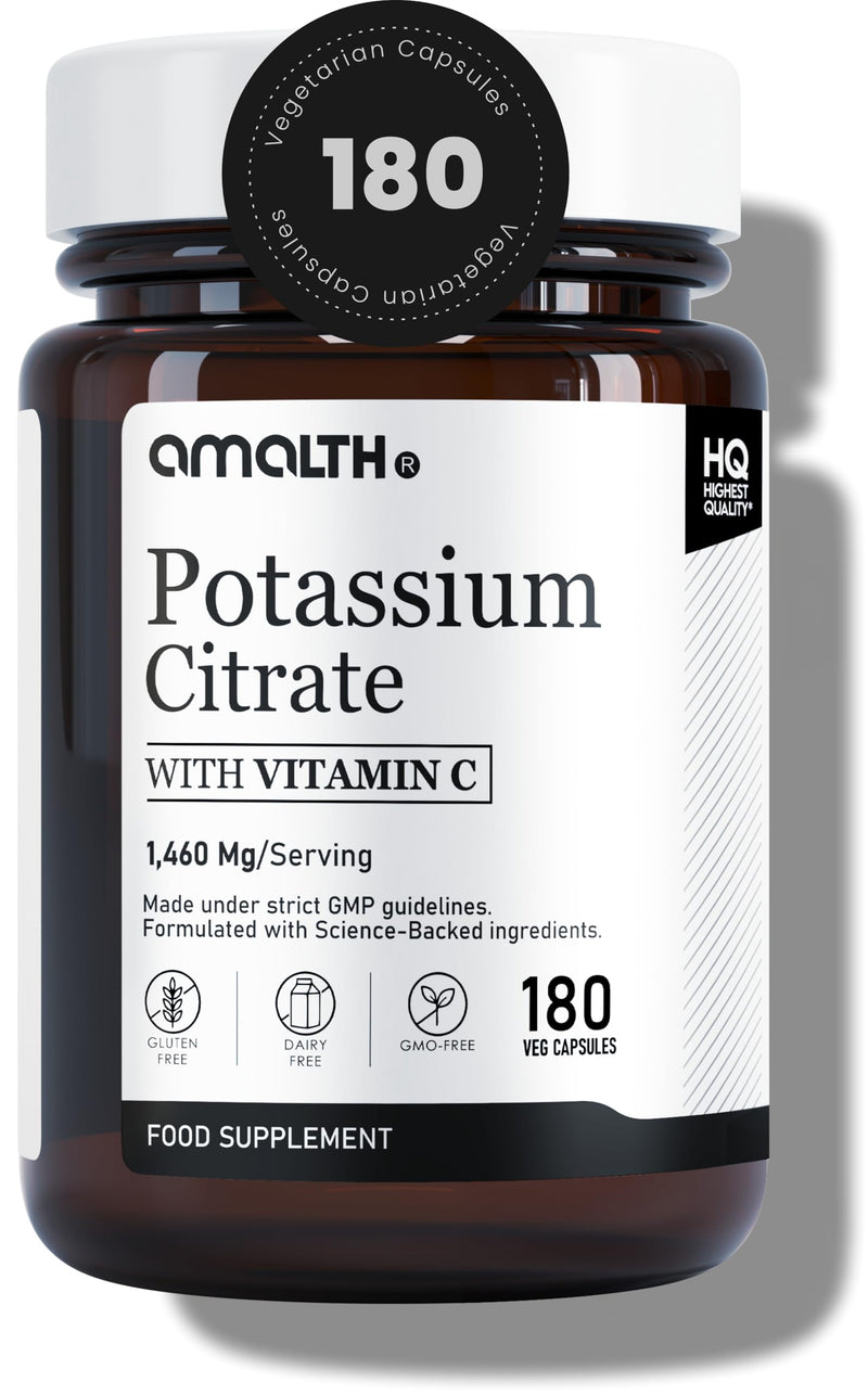 Potassium Supplement with Vitamin C 1460mg | 2 Months Supply | 180 Capsules | Electrolytes Capsule | Bioavailable Potassium Citrate Form | Non-GMO, Gluten-Free & Vegan-Friendly | Designed in The UK