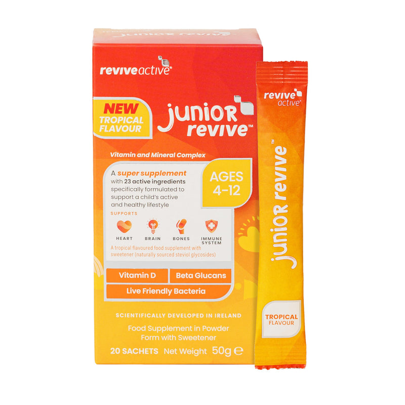 Junior Revive, Kids Multivitamin - 23 Active Ingredients - 1 Daily Sachet - Childrens Vitamin & Mineral Complex - Supports Heart Health, Mental Performance and Immune System - 20 Sachets Tropical