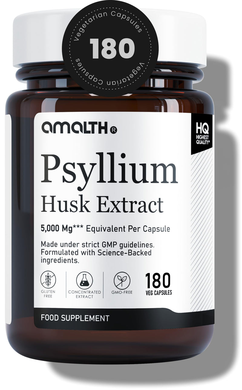 Amalth Psyllium Husk Capsules 5000mg Equivalent | Psyllium Husk Extract 10:1 with Probiotics | Fibre Supplement & Prebiotic Fibre | 180 Vegan Capsules | 6 Months Supply