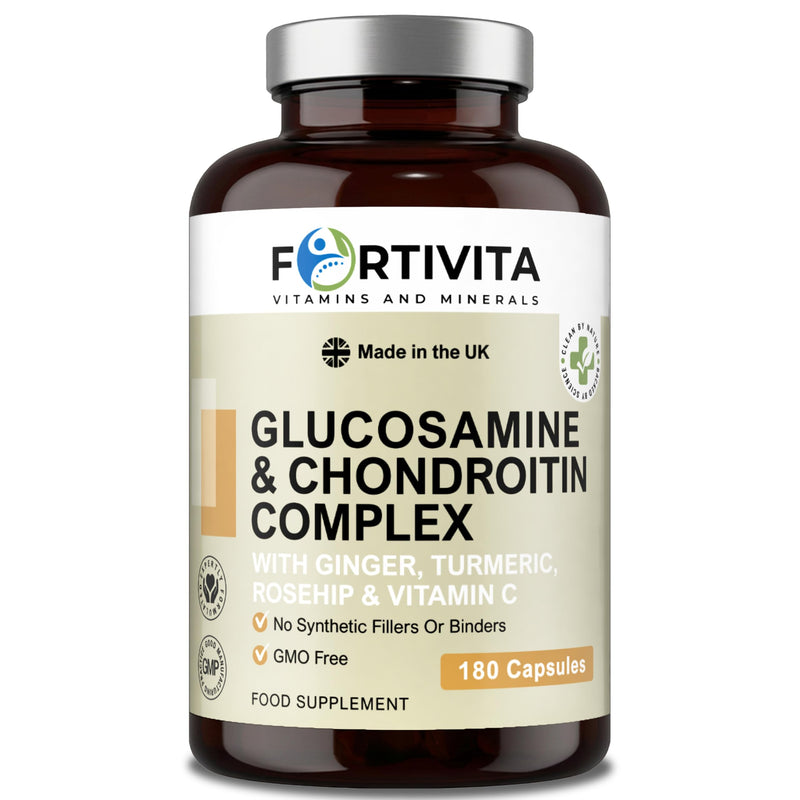 Glucosamine & Chondroitin Complex with Vitamin C, Turmeric, Ginger & Rosehip - UK Made, GMO Free, 180 Capsules