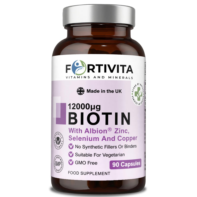 Biotin 12000 µg with Albion® Zinc, Selenium & Copper – High Strength Supplement for Hair, Skin & Nails – 90 Vegetarian Capsules – Made in the UK – GMO Free, No Synthetic Fillers