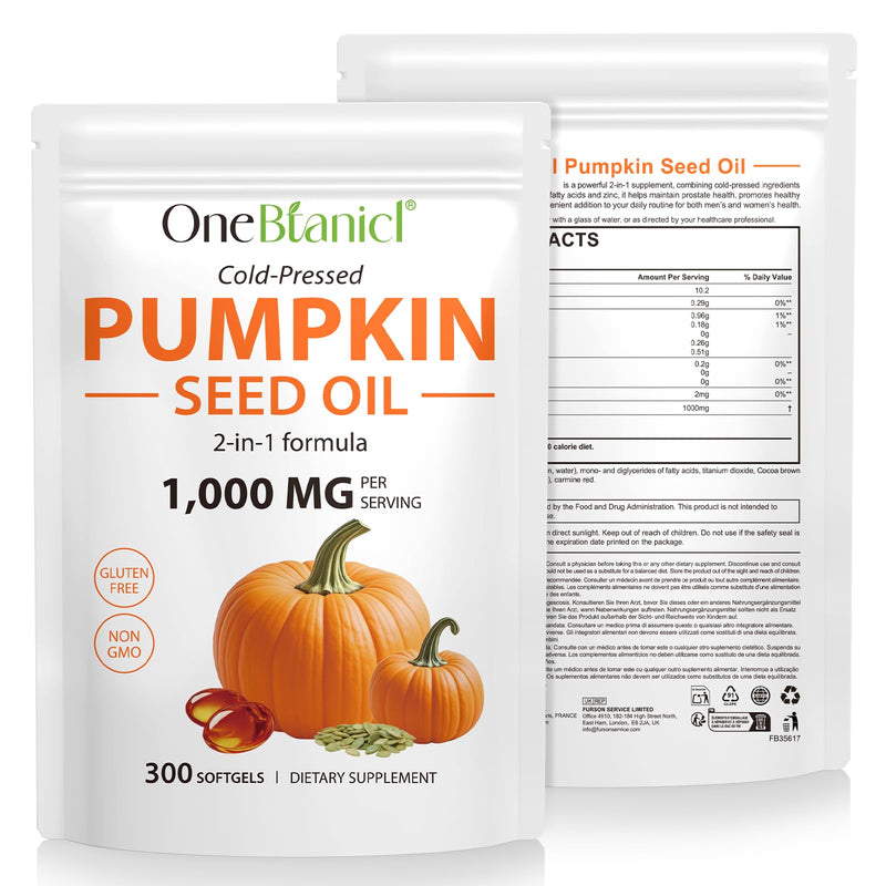 Pumpkin Seed Oil Capsules 1000mg per Serving, Cold Pressed Formula, Supports Prostate & Urinary Health, Hair Vitality, Rich in Essential Fatty Acids & Zinc, Vegan, Non-GMO, 300 Softgels