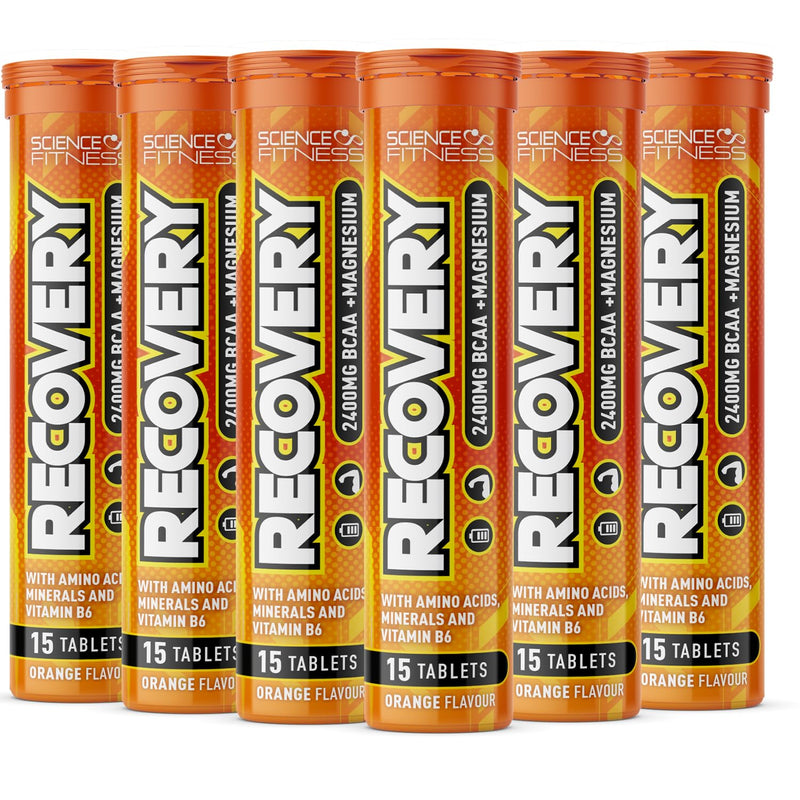 Recovery Effervescent- Orange Flavour | BCAA 2400mg with B6 and Magnesium| 6x15 Tablets| Science Fitness 15 count (Pack of 6)