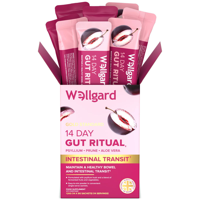 Wellgard 14 Day Gut Ritual - Psyllium Husk Fibre Supplement with Digestive Enzymes, Daily Sachets to Maintain Healthy Bowel & Intestinal Transit, 14 Single-Serve Sachets