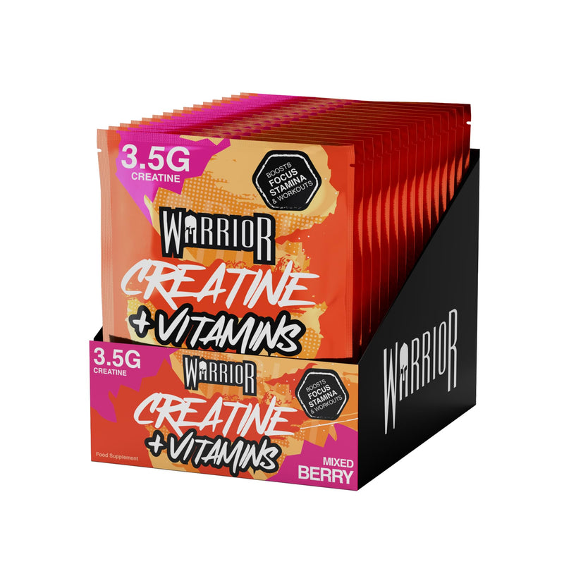 Warrior Creatine Plus Vitamins Sachets, Daily Wellness Drink Mix with 3.5g Creatine and Multivitamin Blend for Energy, Focus, Immunity and Vitality, Zero Sugar Mixed Berry, 15 Sachets