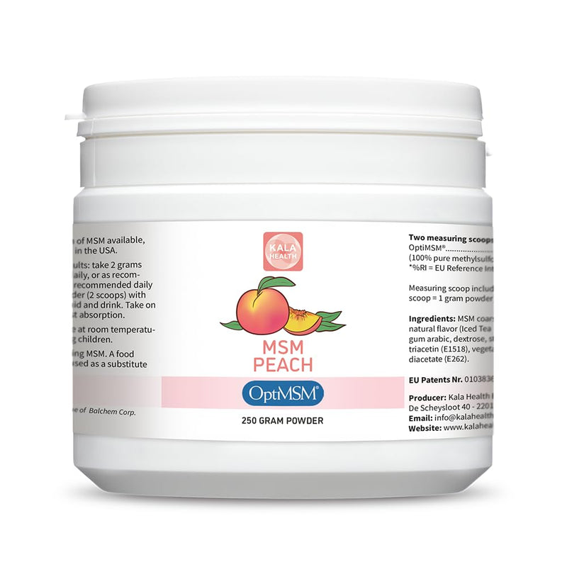 Kala Health OptiMSM® Powder Peach Flavour – 100% Pure MSM Sulphur Powder – Natural Methylsulfonylmethane – with Peach from Natural Flavourings – Additive-Free (250) 250