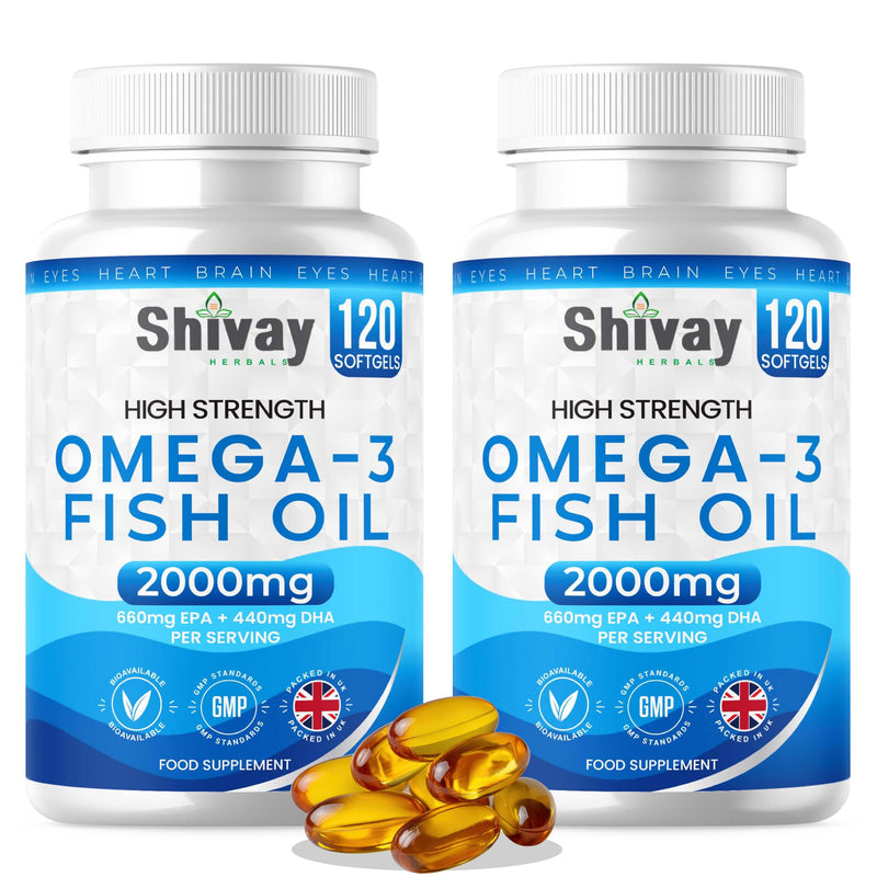 Omega 3 Fish Oil - High Strength 2000mg - 660mg EPA 440mg DHA per Serving | 240 Softgels - 4 Month Supply | Omega-3 Fatty Acid Softgel Capsules - Supports Heart Health, Brain, Vision - Shivay Herbals 120 count (Pack of 2)