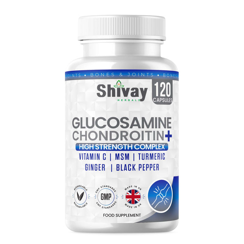 Glucosamine and Chondroitin High Strength Complex with Vitamin C, MSM, Turmeric, Ginger, Black Pepper | 120 Capsules - 2 Month Supply | Joint & Bone Support | UK Made by Shivay Herbals 120 count (Pack of 1)