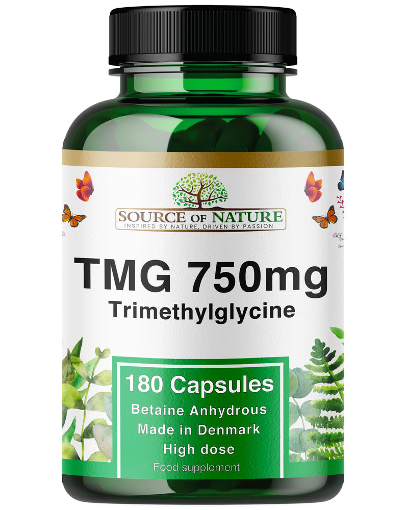 TMG 750mg Trimethylglycine (Betaine) | 180 Vegan Capsules | 99%+ Pure Methyl Donor for Normal Homocysteine Metabolism | High Strength | Lab Tested Supplement | Made in Denmark | Source of Nature