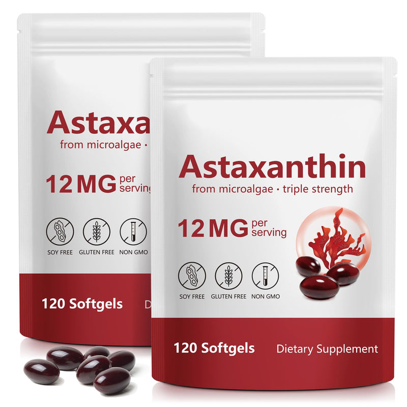 Astaxanthin 12mg Supplements, 120 Softgels Premium Astaxanthin Antioxidant Supplements Supports Eye, Joint, Internal Circulation, Skin Health & Natural Tanning, Fresh Microalgae Source-2PCS 120 count (Pack of 2)