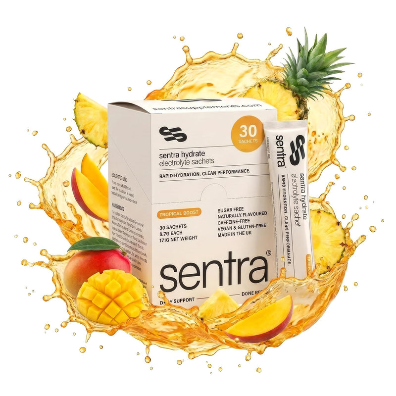 Sentra® Electrolytes Sachets Powder | 30 x Tropical Zero Sugar | For Rehydration & Recovery | Packed With Taurine, L Theanine Vitamin C B1, B3, B5, B12 Supplement Drink | Electrolyte Hydration Tablets