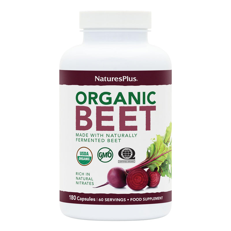 NaturesPlus Organic Beet Capsules - Fermented and Non-Fermented Beet Powder - Lower in Sugar, Naturally Occurring Nitrates - Organic, Gluten Free, Vegan - 180 Capsules, 2 Months Supply 180 count (Pack of 1)