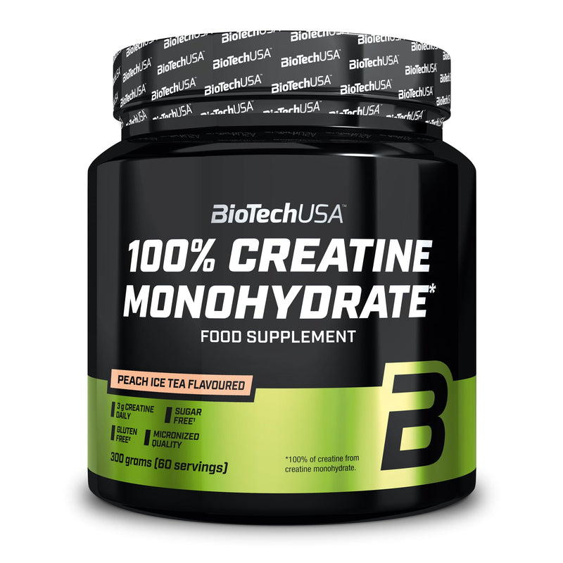 BioTechUSA 100% Creatine Monohydrate | Pharmaceutical-Grade Creatine | Micronized | Vegan | Glutenfree, 300 g, Peach Ice Tea