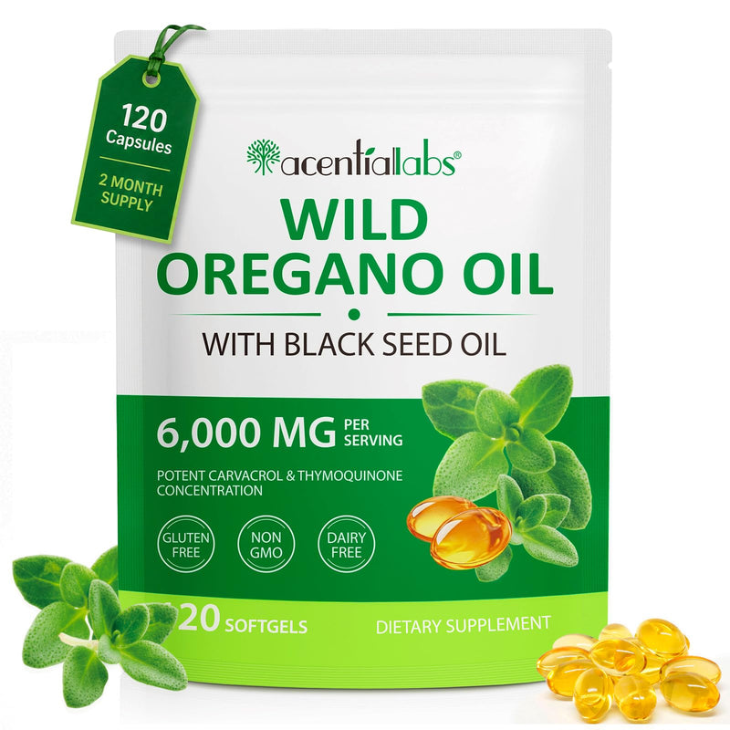 Oregano Oil Softgels - 2 in 1 6000mg with Black Seed Oil 200mg - 165mg Carvacrol - Natural High Potency Immune & Digestive Support, 120 Capsules, Cold-Pressed