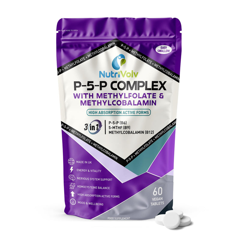 P5P Complex | 60 Vegan Tablets | with Active B6 (Pyridoxal-5-Phosphate), Methylfolate (5-MTHF) & B12 (Methylcobalamin) | High Absorption Formula for Energy, Mood & Hormone Support | by NutriVolv