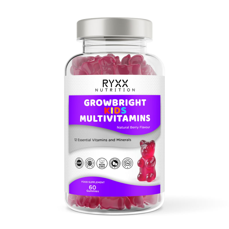 RYXX GrowBright Kids Multivitamins | 12 Essential Vitamins & Minerals | Natural Berry Flavour Gummies | Immune & Growth Support | 60 Vegan-Friendly Gummies | Made in the UK