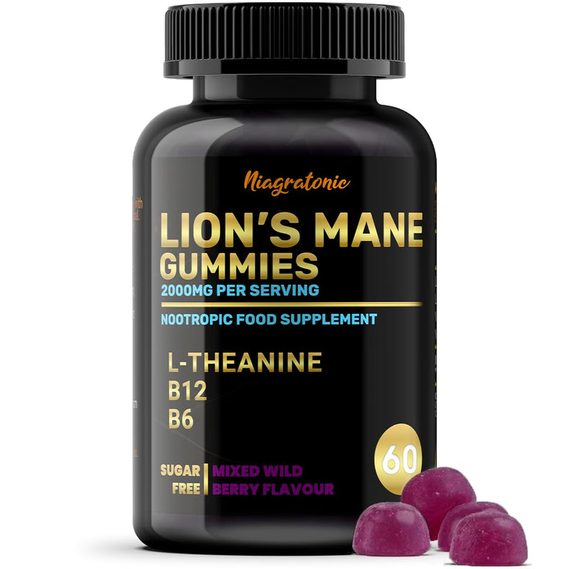 Lion's Mane Mushroom Gummies with L-Theanine & B Vitamins, Mind & Focus Complex Supplement, Sugar Free, Vegan, 60 Gummies, 1 Month Supply, Mixed Berry Flavour