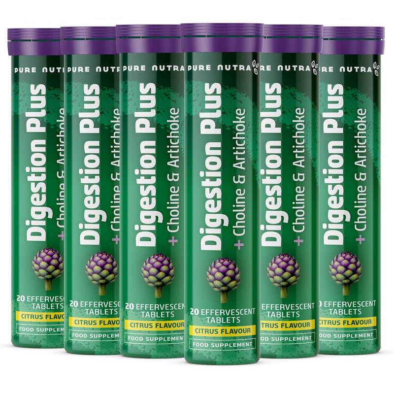 Digestion Plus Effervescent | with Artichoke Extract and Choline | 20 Tablets per Tube| Citrus Flavour | from PureNutra 20 count (Pack of 6)