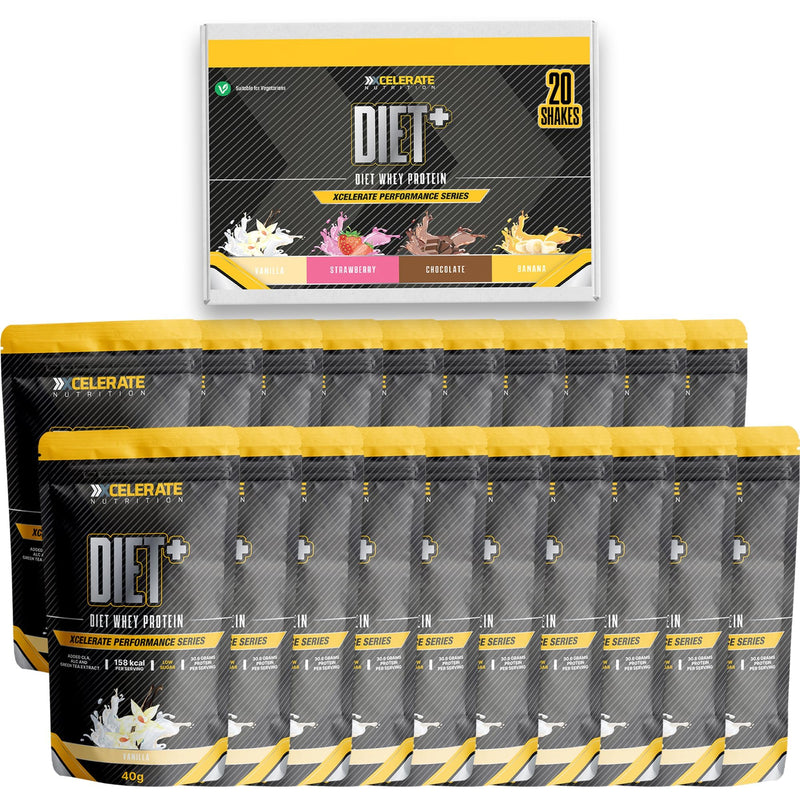 Diet+ Whey Protein 40g Sachets – 30.6g Protein per Serving | High Performance Low Calorie Shake | Strawberry, Chocolate, Vanilla, Banana or Mixed Flavours | Pack of 7, 14 or 20 40 g (Pack of 20)