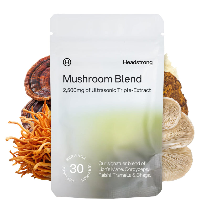 Headstrong 5 Mushroom Blend Capsules, 90% Active Compound Yield, Ultrasonic Triple-Extract, 30 Day Supply, 2,500mg per Capsule.