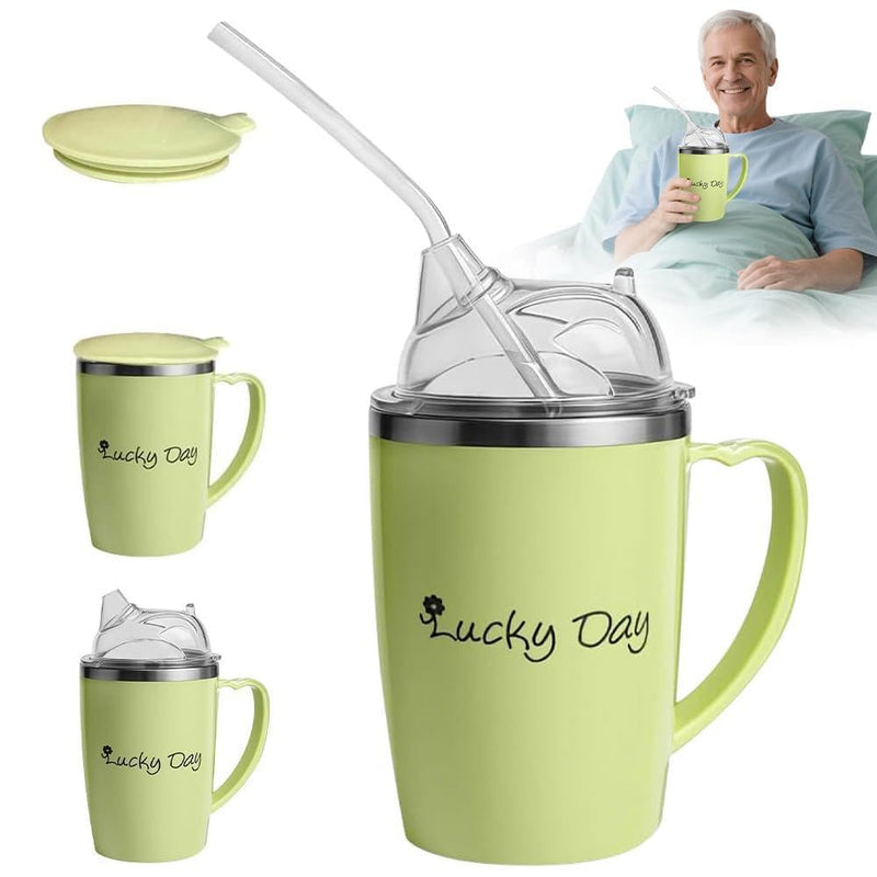 Adult Sippy Cups for The Elderly Non Spill, 3-in-1 Elderly Spill Proof Cups, 350ml Beakers for Elderly with Lid and 30cm Straw, Stainless Steel Dysphagia Cups with Handle for Elderly Patient Green
