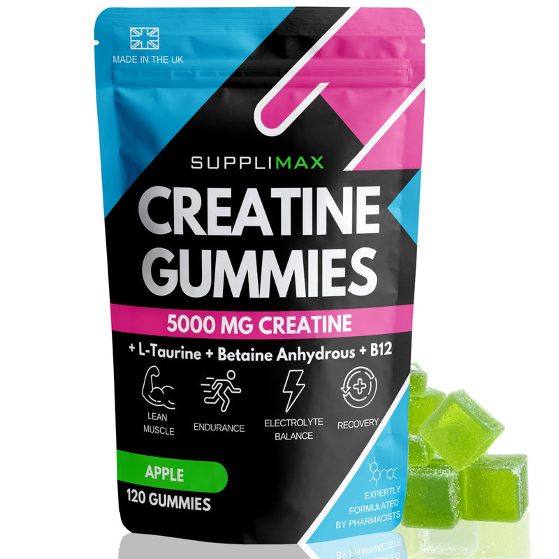 Creatine Gummies 5000mg – UK Made Lab Tested Creatine Monohydrate Gummy, L-Taurine, Betaine Anhydrous, B12 – Sugar Free Vegan - 120 Count Apple 120 count (Pack of 1)