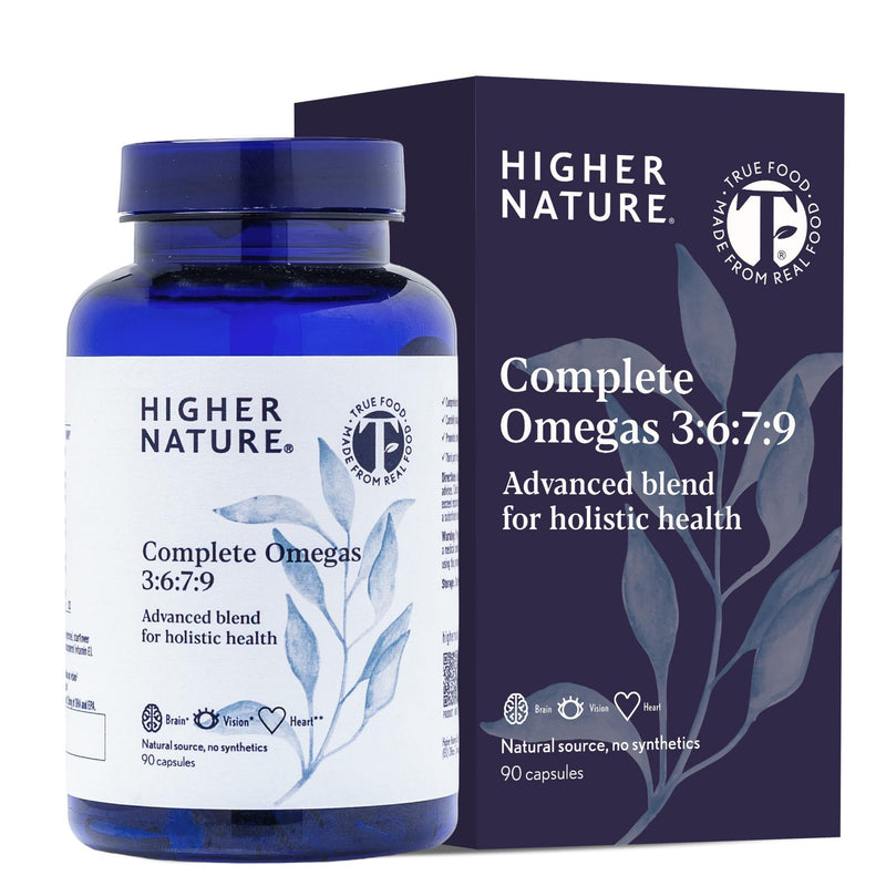 Higher Nature - Complete Omegas 3:6:7:9 - True Food® Formula - Fish Oils with Borage Oil & Virgin Olive Oil - Supports Vision, Brain Function & Cardio Health - Omega 3 6 7 9 Fatty Acids - 180 Capsules 180 count (Pack of 1)
