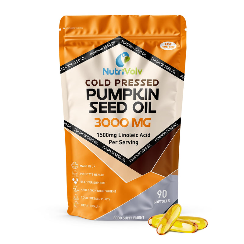 Pumpkin Seed Oil 3000mg | 90 Softgels | 100% Cold-Pressed & High in Linoleic Acid (50%) | Prostate, Bladder, Hair & Heart Health | Pure, No Additives | High Strength Oil Supplement | by NutriVolv