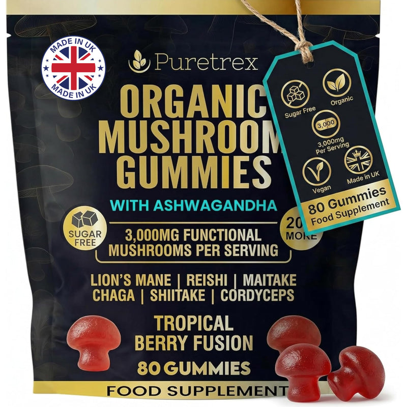 PURETREX Organic Mushroom Gummies 3000mg – Ashwagandha, Lion’s Mane, Reishi & Cordyceps for Brain Focus, Energy, Stress Relief & Immune Support Sugar Free, 80 Count Vegan, Made in UK -Tropical Berry