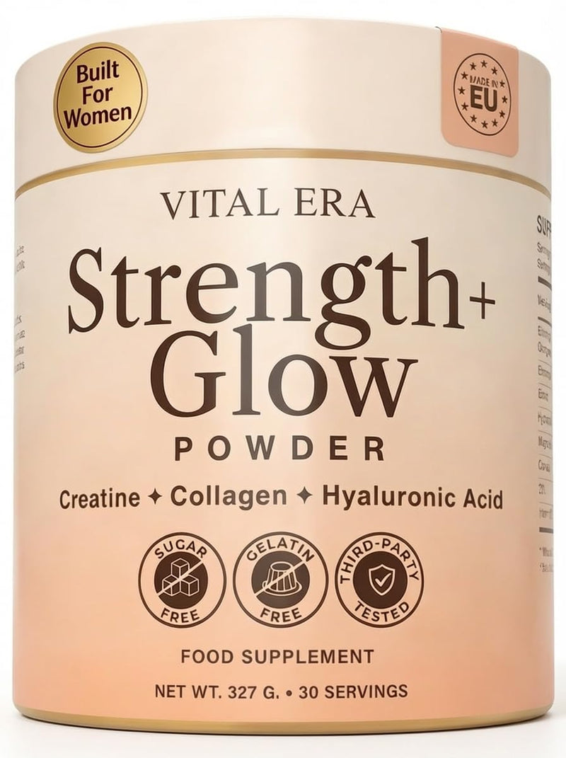 Strength + Glow, 8 in 1 Blend with Creatine monohydrate Powder, Peptan® Collagen Powder, Biotin, Hyaluronic Acid, Vitamin C, Magnesium, Calcium, Zinc. Creatine for Women