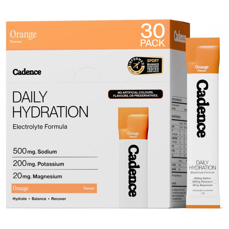 Cadence Daily Electrolyte Hydration Sachets - Essential Electrolytes Powder - Sodium, Potassium & Magnesium - Sugar Free, Zero Caffeine, Vegan - Everyday Use for Rehydration - Orange - 30 Sachets