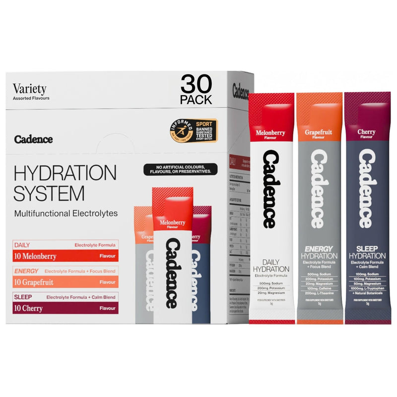 Cadence Electrolyte Hydration Sachets Variety Pack - Daily Hydration Kit - Essential Electrolytes Powder - Daily, Energy, Sleep Recovery Formula for Rehydration - Vegan, Keto - 30 Sachets
